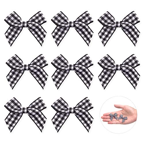 Ribbli 50 PCS Black and White Gingham Craft Ribbon Bows,Mini Checked Ribbon Bows Appliques,Use for Christmas Gift Tag Ornament,Bottle Decor,DIY Craft (1.65” x 1.5” )