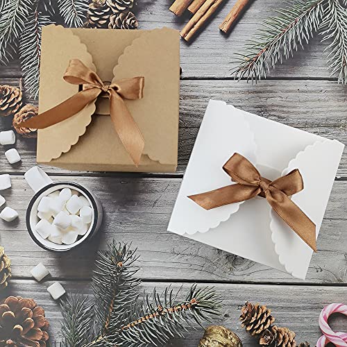 Yimi's Dream Small Gift Boxes, [10PCS] Recycled Paper Gift Box with Ribbons, 4.7" x 4.7" x 3.5" Inches Brown & White Small Boxes, Decorative Gift Boxes For Friends, Parents, Children, Birthday, Wedding, Party, Chocolate, Candy