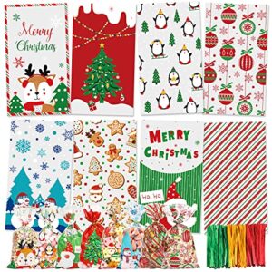 moretoes 168pcs christmas candy bags treat bags cellophane bags with 180pcs twist ties 8 assorted styles treat reindeer & christmas ball pattern snack goodie bags for christmas party supplies