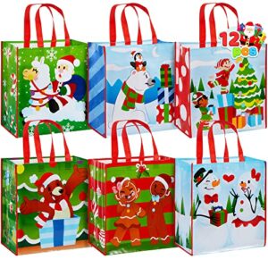 joyin 12 christmas tote bags, 13.5″x8″x4″ extra-large reusable bags non woven xmas gift wrap bags with handles for holiday party favor supplies, xmas grocery shopping bags