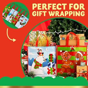 JOYIN 12 Christmas Tote Bags, 13.5"x8"x4" Extra-large Reusable Bags Non Woven Xmas Gift Wrap Bags with Handles for Holiday Party Favor Supplies, Xmas Grocery Shopping Bags