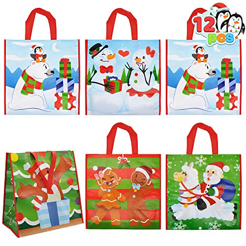 JOYIN 12 Christmas Tote Bags, 13.5"x8"x4" Extra-large Reusable Bags Non Woven Xmas Gift Wrap Bags with Handles for Holiday Party Favor Supplies, Xmas Grocery Shopping Bags