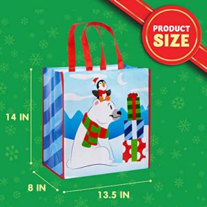 JOYIN 12 Christmas Tote Bags, 13.5"x8"x4" Extra-large Reusable Bags Non Woven Xmas Gift Wrap Bags with Handles for Holiday Party Favor Supplies, Xmas Grocery Shopping Bags