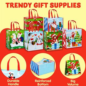 JOYIN 12 Christmas Tote Bags, 13.5"x8"x4" Extra-large Reusable Bags Non Woven Xmas Gift Wrap Bags with Handles for Holiday Party Favor Supplies, Xmas Grocery Shopping Bags