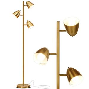 brightech jacob led standing lamp, modern bright floor lamps for living rooms & bedrooms, tall led lighting lamp with adjustable 3 light tree – antique brass/gold