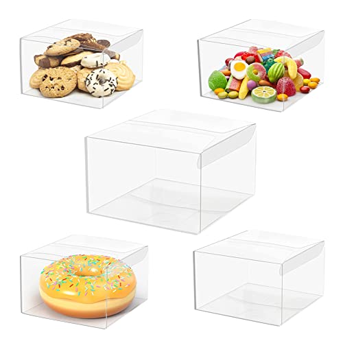 VGOODALL 35PCS 4x4x2.5 Inches Clear Favor Boxes,Transparent Cube Boxes PET Boxes for Wedding, Party,Cookie Boxes, Mini Cake Boxes, Dessert, Pastry, Small Treat Boxes