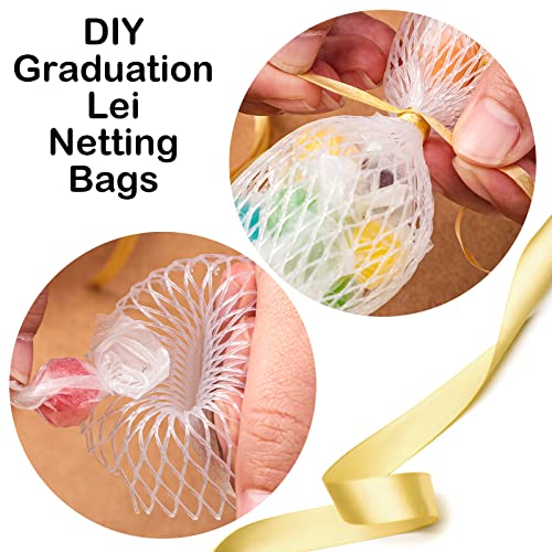 6 Pcs Graduation Lei Netting Bags White Long 3.3 Feet Candy Lei with 2 Rolls Ribbon for Graduation Wedding Party Supplies