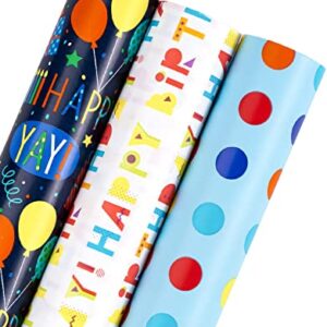 WRAPAHOLIC Birthday Wrapping Paper Roll - Happy Birthday Lettering and Polka Dots Design for Holiday, Party, Baby Shower - 3 Rolls - 30 Inch X 120 Inch Per Roll