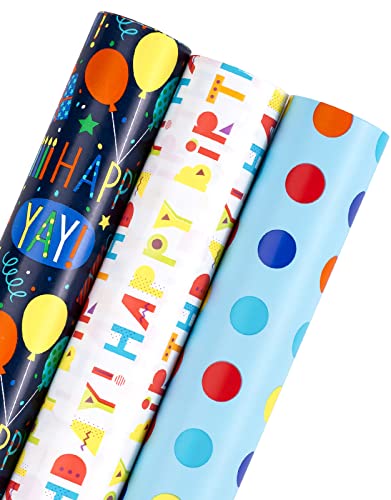 WRAPAHOLIC Birthday Wrapping Paper Roll - Happy Birthday Lettering and Polka Dots Design for Holiday, Party, Baby Shower - 3 Rolls - 30 Inch X 120 Inch Per Roll