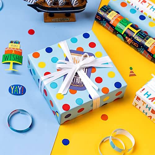 WRAPAHOLIC Birthday Wrapping Paper Roll - Happy Birthday Lettering and Polka Dots Design for Holiday, Party, Baby Shower - 3 Rolls - 30 Inch X 120 Inch Per Roll