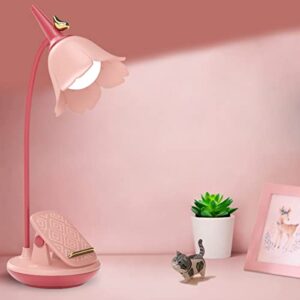 koudhug pink desk lamp with clamp, rechargeable led small desk lamp, adjustable gooseneck, dimmable cute desk lamp for kids girls bedroom dorm office