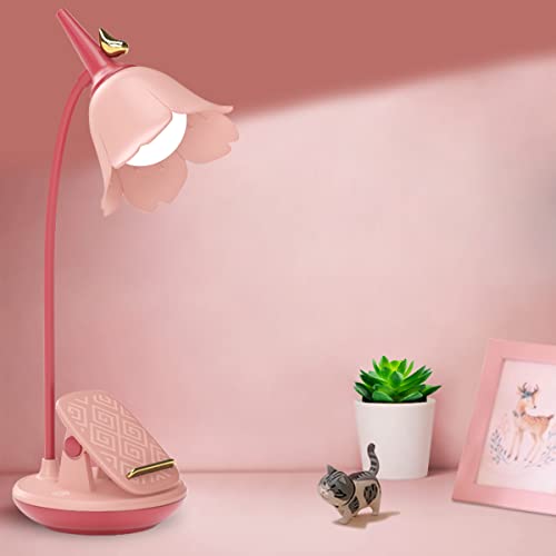 KoudHug Pink Desk Lamp with Clamp, Rechargeable LED Small Desk Lamp, Adjustable Gooseneck, Dimmable Cute Desk Lamp for Kids Girls Bedroom Dorm Office