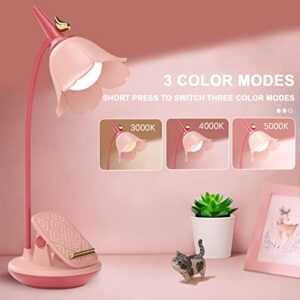 KoudHug Pink Desk Lamp with Clamp, Rechargeable LED Small Desk Lamp, Adjustable Gooseneck, Dimmable Cute Desk Lamp for Kids Girls Bedroom Dorm Office