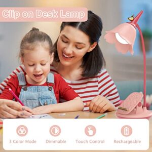 KoudHug Pink Desk Lamp with Clamp, Rechargeable LED Small Desk Lamp, Adjustable Gooseneck, Dimmable Cute Desk Lamp for Kids Girls Bedroom Dorm Office