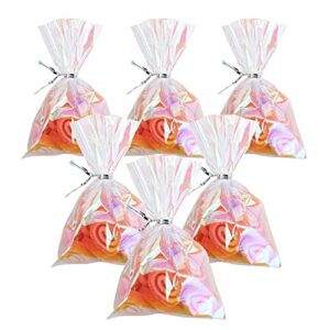 qtop cellophane treat bags,iridescent holographic goodie bags, clear cello bags with twist ties for birthday party favors, valentines, easter, weddings，halloween，christmas (4×6 inches(pack of 100))