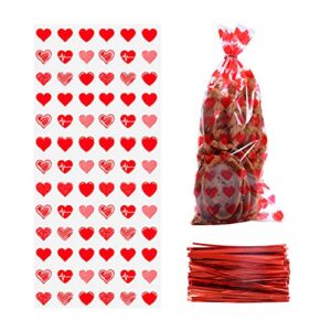 100 Pcs Valentine Cellophane Cookie Bags Goodie Candy Treat Bag with Twist Ties for Valentine's Day Party Supplies (Style B)