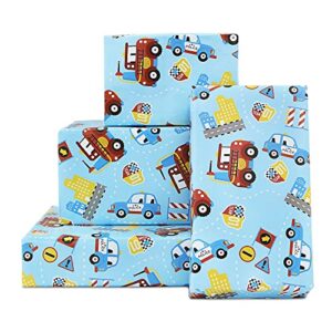 red fire trucks and police car on blue wrapping paper for boys men kids, birthday party baby shower holiday christmas gift wrap – folded flat 30 x 20 inch – 4 sheets