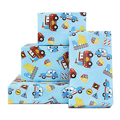 Red Fire Trucks and Police Car On Blue Wrapping paper for Boys Men Kids, Birthday Party Baby Shower Holiday Christmas Gift Wrap - Folded Flat 30 x 20 Inch - 4 Sheets