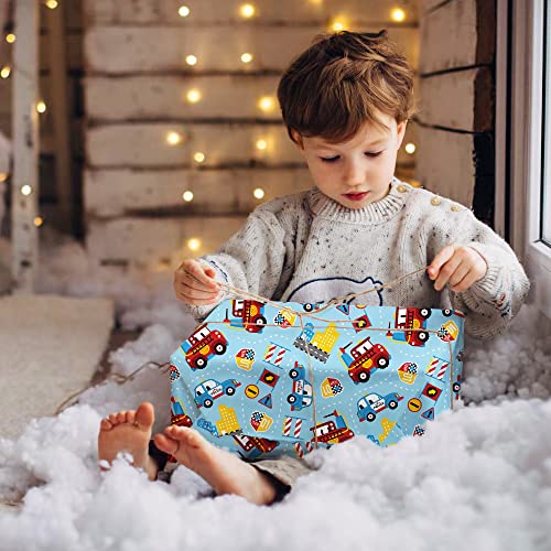 Red Fire Trucks and Police Car On Blue Wrapping paper for Boys Men Kids, Birthday Party Baby Shower Holiday Christmas Gift Wrap - Folded Flat 30 x 20 Inch - 4 Sheets