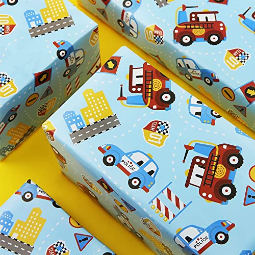 Red Fire Trucks and Police Car On Blue Wrapping paper for Boys Men Kids, Birthday Party Baby Shower Holiday Christmas Gift Wrap - Folded Flat 30 x 20 Inch - 4 Sheets