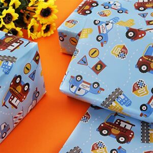 Red Fire Trucks and Police Car On Blue Wrapping paper for Boys Men Kids, Birthday Party Baby Shower Holiday Christmas Gift Wrap - Folded Flat 30 x 20 Inch - 4 Sheets