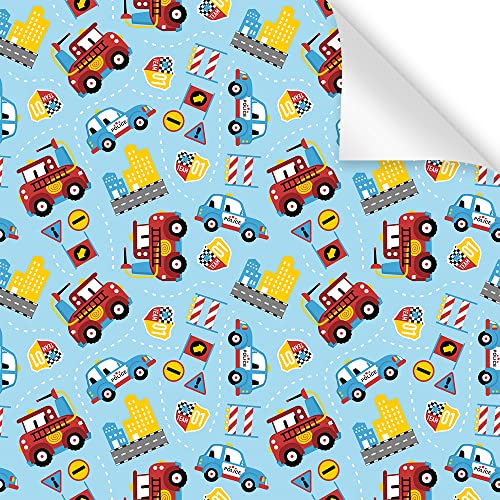 Red Fire Trucks and Police Car On Blue Wrapping paper for Boys Men Kids, Birthday Party Baby Shower Holiday Christmas Gift Wrap - Folded Flat 30 x 20 Inch - 4 Sheets