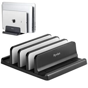 Ryvlan Vertical Laptop Stand, Adjustable 3 Slot Laptop Storage with Rubber Padding, Multiple Laptop Holder for Desk, Premium Plastic MacBook Holder - Ipad Shelf, Kindle, Tablet Storage - Black