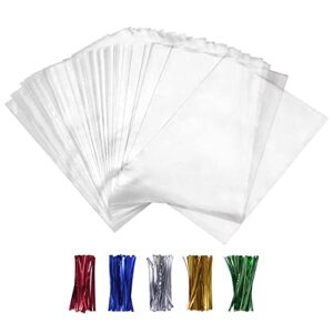 xlsfpy 100pcs cellophane bags clear plastic cello bags 4×6 with 4″ twist ties 5 mix colors – 1.4 mils thick opp treat bags for gift wrapping packaging decorations storage (4” x 6”)