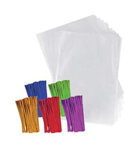 purple q crafts clear plastic cellophane bags with 4″ colored twist ties for gifts party favors (4″x6″, 100 pack)