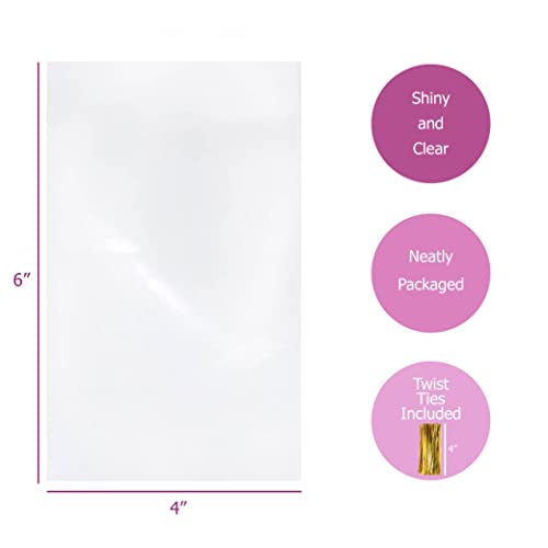 Purple Q Crafts Clear Plastic Cellophane Bags with 4" Colored Twist Ties for Gifts Party Favors (4"x6", 100 Pack)