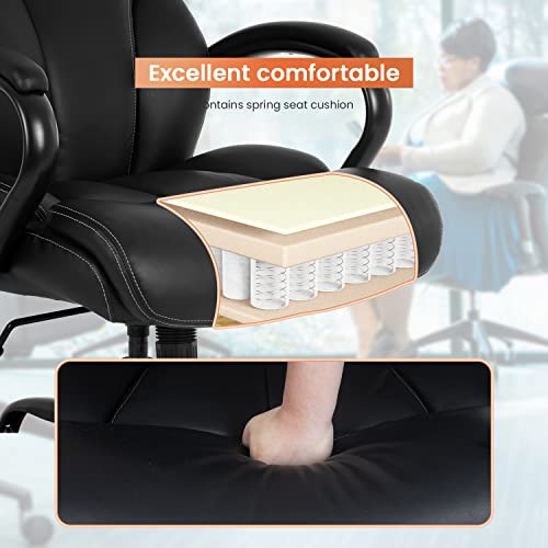 Office Chair Big and Tall 500lbs Wide Seat Desk Chair with Lumbar Support Arms High Back PU Leather Executive Task Ergonomic Computer Chair for Back Pain (Black)