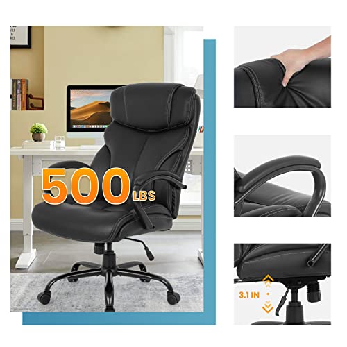 Office Chair Big and Tall 500lbs Wide Seat Desk Chair with Lumbar Support Arms High Back PU Leather Executive Task Ergonomic Computer Chair for Back Pain (Black)