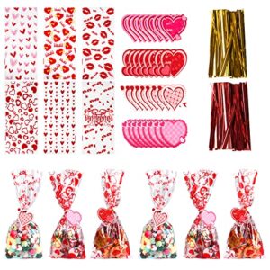 150pcs valentine gift bags, 6 styles valentine treat bags clear valentine day goodie bags with 32pcs gift tags and 200pcs twist ties for classroom cookie candy valentine’s day party favors