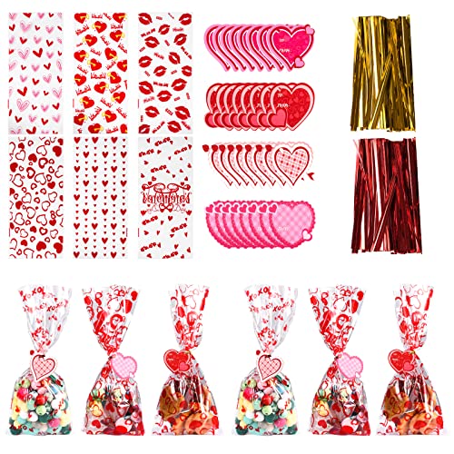 150pcs Valentine Gift Bags, 6 Styles Valentine Treat Bags Clear Valentine Day Goodie Bags with 32pcs Gift Tags and 200pcs Twist Ties for Classroom Cookie Candy Valentine's Day Party Favors