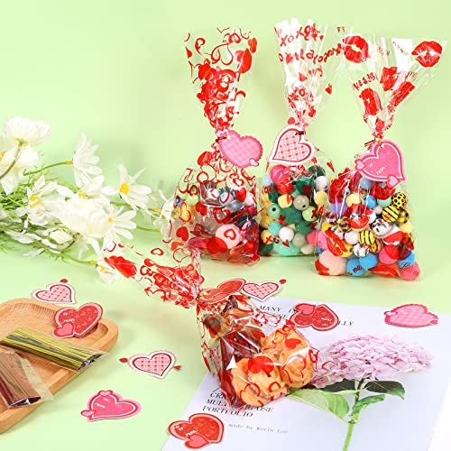 150pcs Valentine Gift Bags, 6 Styles Valentine Treat Bags Clear Valentine Day Goodie Bags with 32pcs Gift Tags and 200pcs Twist Ties for Classroom Cookie Candy Valentine's Day Party Favors