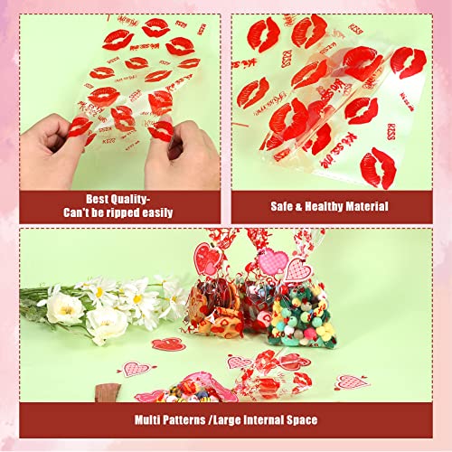 150pcs Valentine Gift Bags, 6 Styles Valentine Treat Bags Clear Valentine Day Goodie Bags with 32pcs Gift Tags and 200pcs Twist Ties for Classroom Cookie Candy Valentine's Day Party Favors