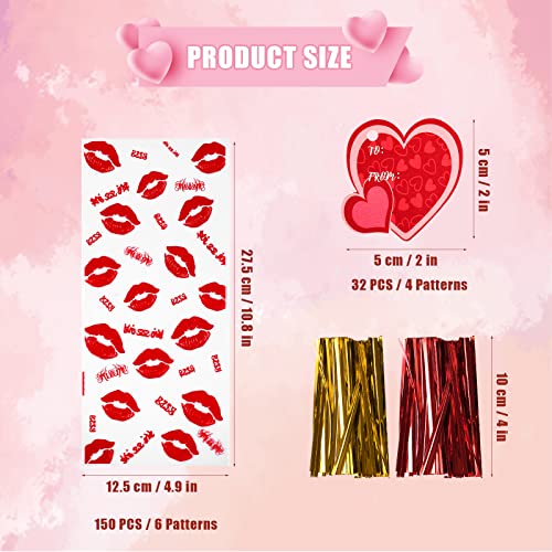 150pcs Valentine Gift Bags, 6 Styles Valentine Treat Bags Clear Valentine Day Goodie Bags with 32pcs Gift Tags and 200pcs Twist Ties for Classroom Cookie Candy Valentine's Day Party Favors