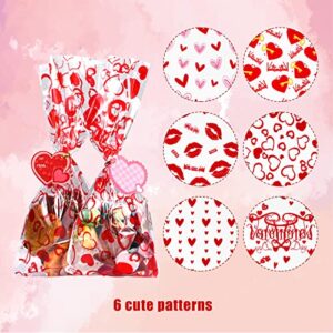 150pcs Valentine Gift Bags, 6 Styles Valentine Treat Bags Clear Valentine Day Goodie Bags with 32pcs Gift Tags and 200pcs Twist Ties for Classroom Cookie Candy Valentine's Day Party Favors