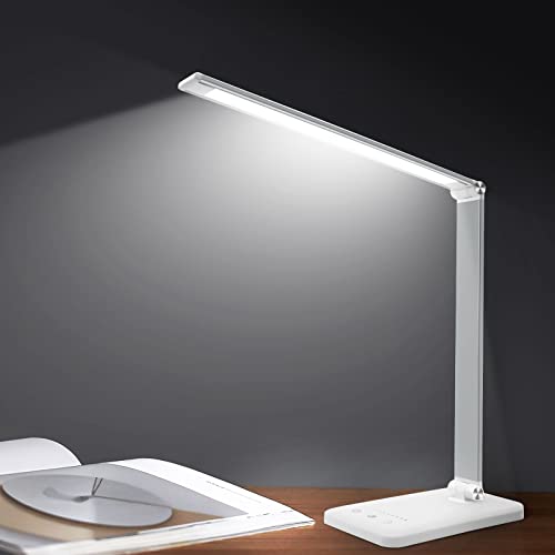 LED Desk Lamp with USB Port, Desk Light with 10 Brightness 5 Color Temperature, Soft Table Lamp for Reading, Office and Home, Touch Control, 30/60 Timer Off, No Glaring