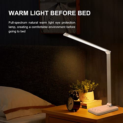 LED Desk Lamp with USB Port, Desk Light with 10 Brightness 5 Color Temperature, Soft Table Lamp for Reading, Office and Home, Touch Control, 30/60 Timer Off, No Glaring