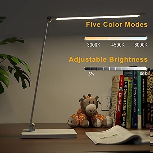 LED Desk Lamp with USB Port, Desk Light with 10 Brightness 5 Color Temperature, Soft Table Lamp for Reading, Office and Home, Touch Control, 30/60 Timer Off, No Glaring