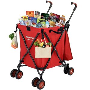 easygo rolling cart folding grocery shopping cart laundry basket rolling utility cart with wheels – removable canvas bag – versa wheels & rear brakes – easy folding 120lbs capacity – copyrighted – red