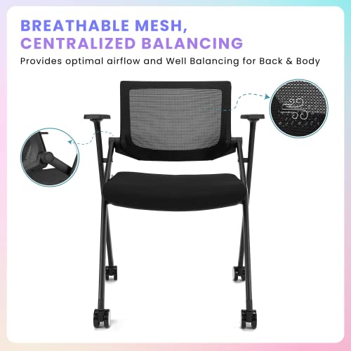 [2 Pack] Stackable Conference Room Chairs with Wheels and Paddle, Ergonomic Mesh Back and Arms for Meeting, Conference, Reception, Training Room & Home Office Desk Folding Chairs