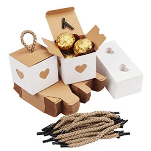 belle vous 50 pack mini white & brown heart gift boxes – 2 x 2 x 2 inch wedding & party favor paper candy kraft boxes with cute twine handles