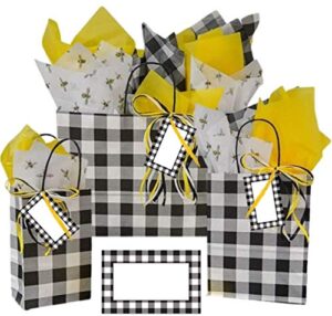 gift bags with handles – buffalo checked and bees – 3 assorted sizes bundled with coordinating tissue paper tags and raffia ribbon