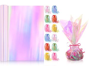 31.5 inch x 50 ft iridescent film cellophane roll rainbow holographic cellophane wrap paper with 10 rolls colorful metallic curling balloon ribbon for flower gift candy handicraft crafts