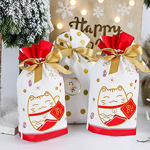 Enjonar 24pcs Treat Bags Party Favor Bags Lucky Cat Gift Bags Plastic Drawstring Bags Candy Bags Goodies Bags Gift Wrapping Bags for Birthday Wedding Baby Shower Bridal Shower Holiday Party