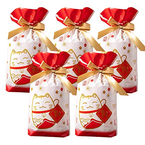 Enjonar 24pcs Treat Bags Party Favor Bags Lucky Cat Gift Bags Plastic Drawstring Bags Candy Bags Goodies Bags Gift Wrapping Bags for Birthday Wedding Baby Shower Bridal Shower Holiday Party