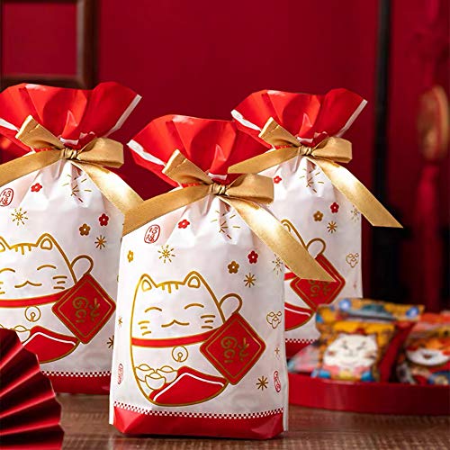 Enjonar 24pcs Treat Bags Party Favor Bags Lucky Cat Gift Bags Plastic Drawstring Bags Candy Bags Goodies Bags Gift Wrapping Bags for Birthday Wedding Baby Shower Bridal Shower Holiday Party