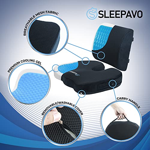 Sleepavo Memory Foam Cooling Gel Seat Cushion for Office Chair - Back & Butt Pillow for Sciatica Tailbone Coccyx Hip Pain Relief for Gaming, Car & Airplane - Padded Lumbar Support Pillow for Coxyx